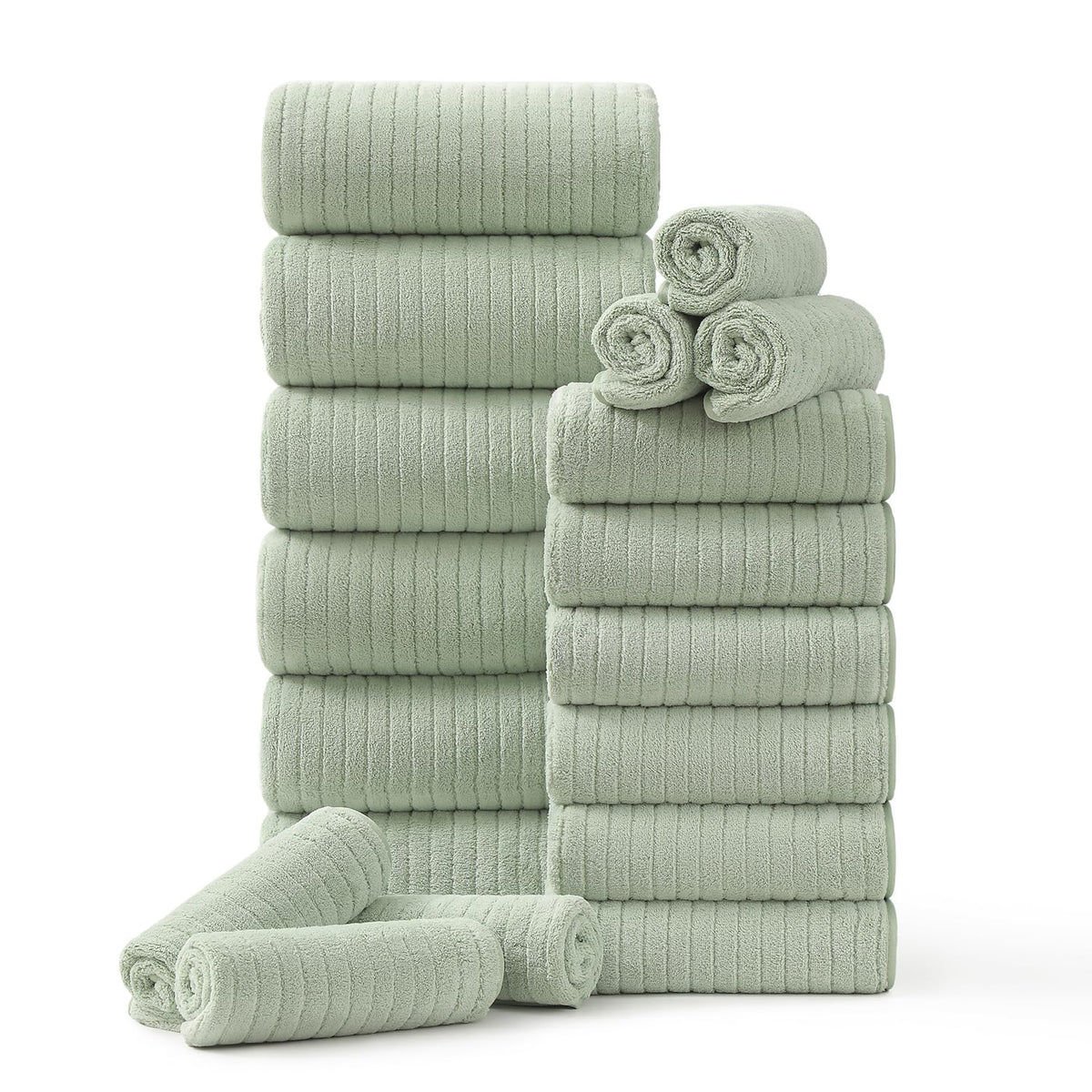 Hailea 18-piece bath towel set in a bathroom, showcasing spa-like luxury at home.