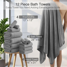 Hailea luxury bath towels set with four washcloths, gentle surface for cleansing