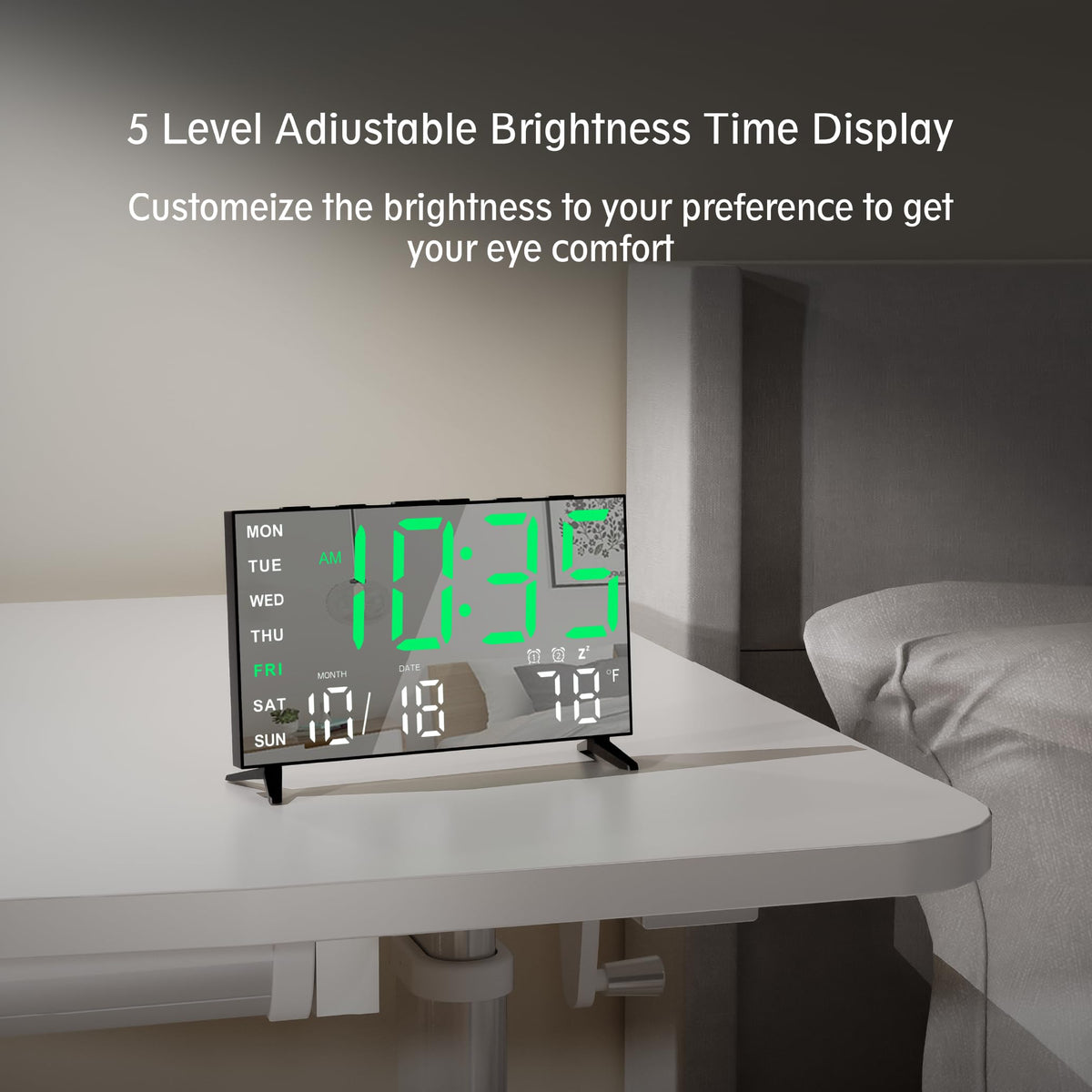 Haimiage clock display closeup highlights bright green and white readout.