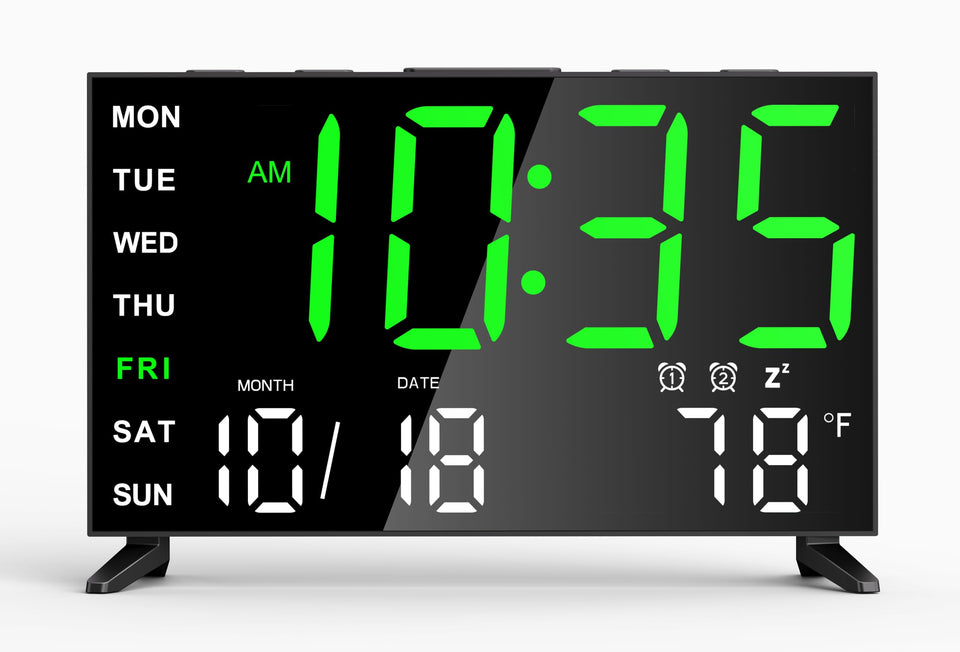 Haimiage mirror digital loud alarm clock front view showing easy readability.