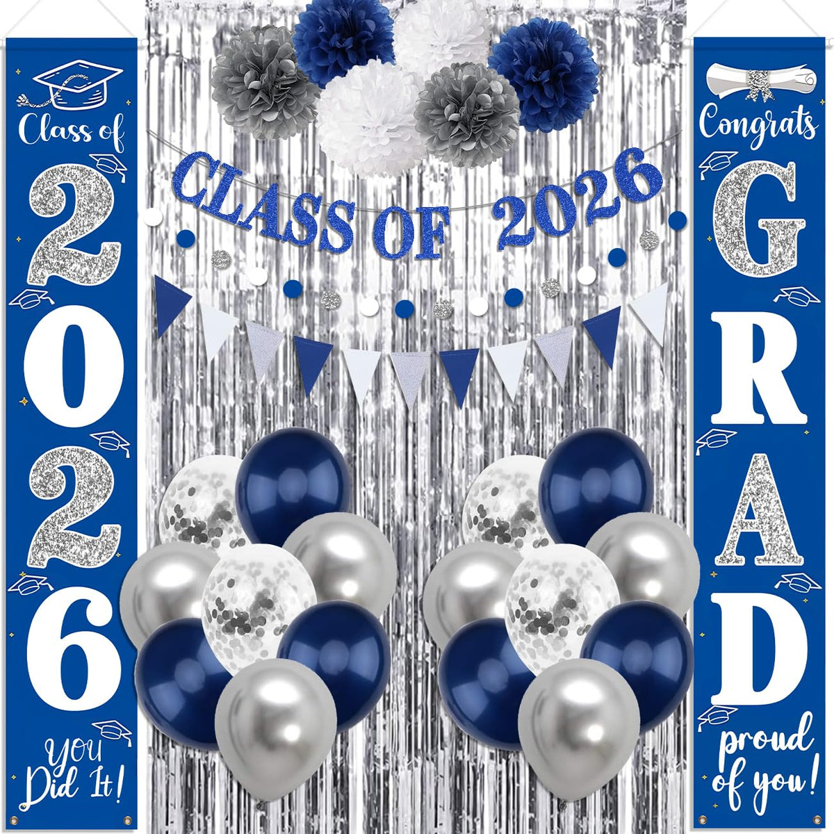 Haimimall graduation porch sign banner in blue and silver, ideal for photo-worthy entry
