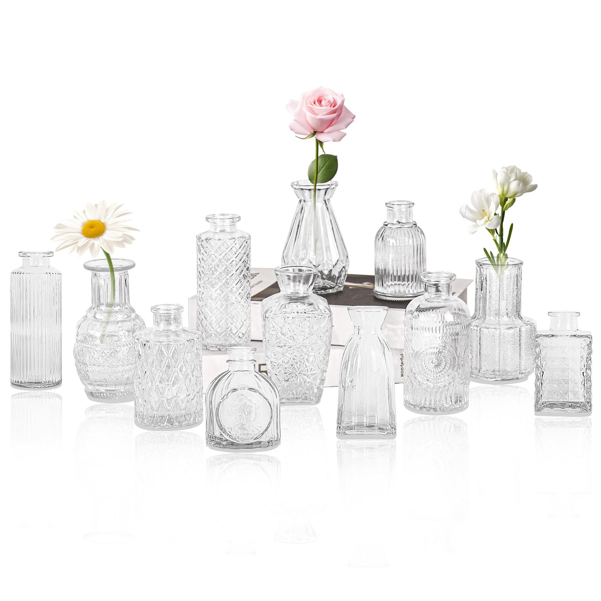 HAISIWLKJ 12-glass bud vase set enhances rustic weddings as table centerpieces.