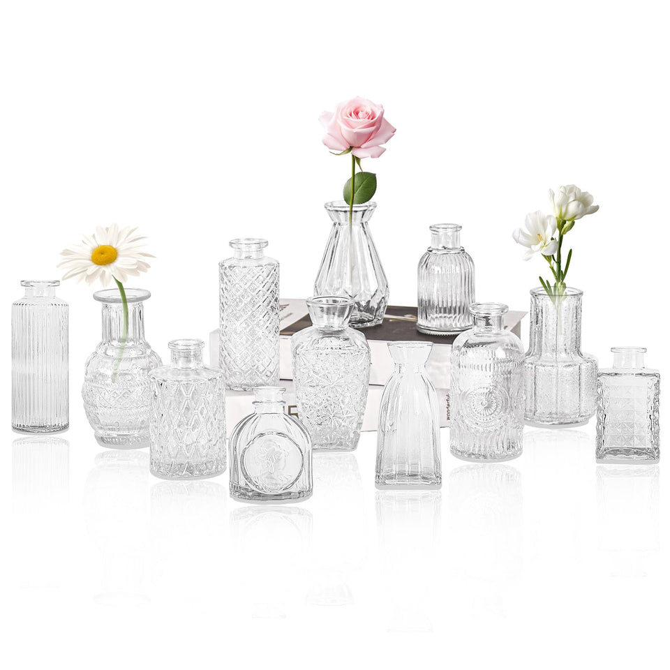 HAISIWLKJ 12-glass bud vase set enhances rustic weddings as table centerpieces.