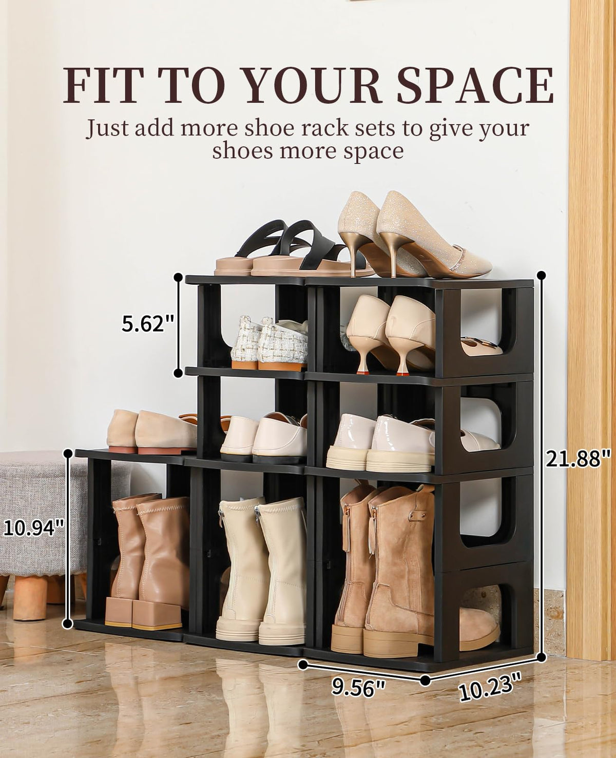 HAIXIN holds multiple pairs, up to size 9 shoes per cubby.