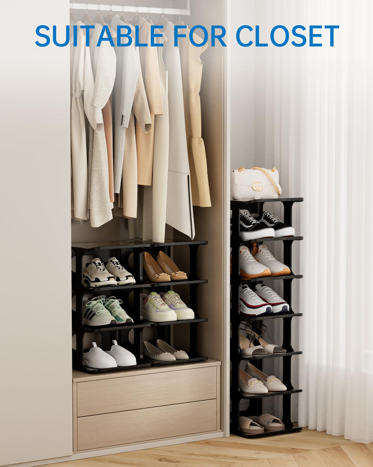 HAIXIN two 4-tier shelves layout showing flexible storage options.