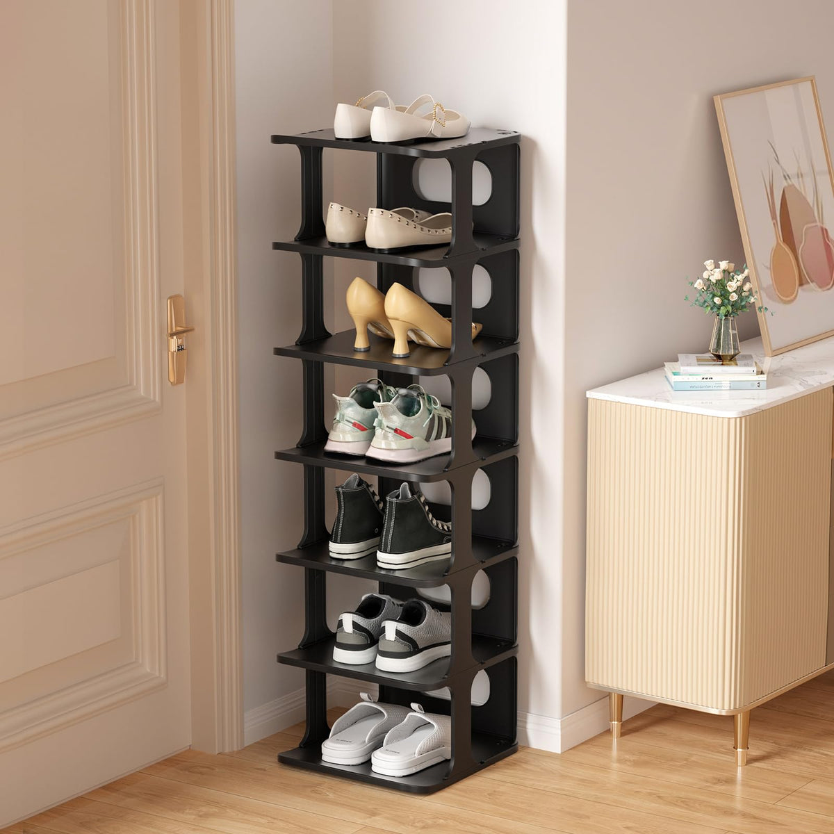 HAIXIN vertical narrow shoe rack at the front door for clutter-free entry.