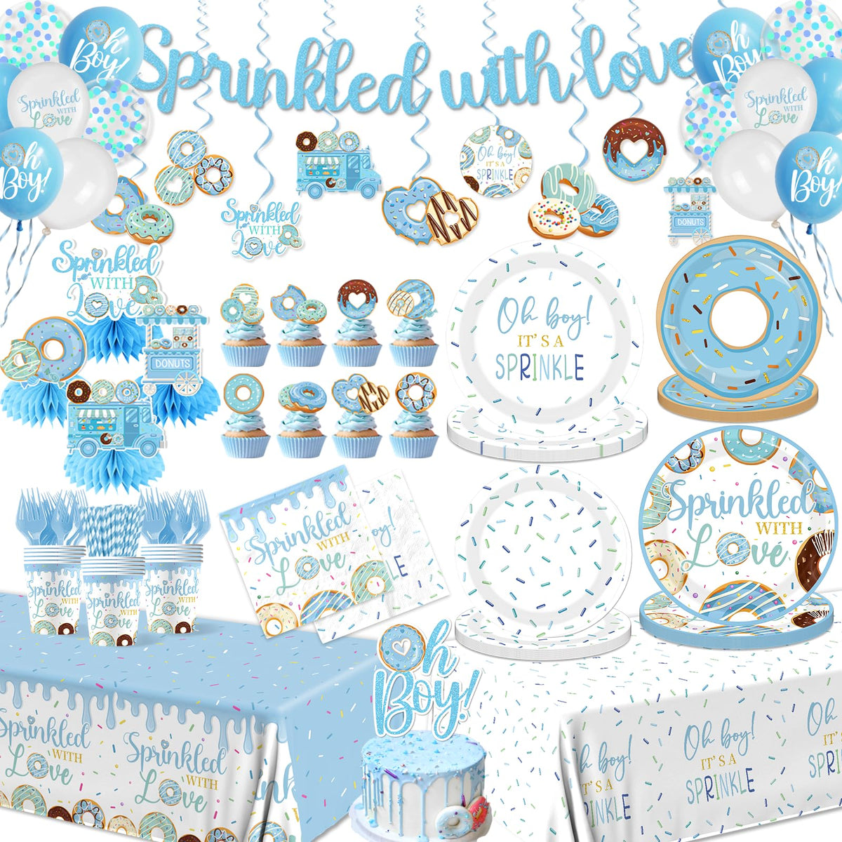 HAKOTI baby sprinkle blue donut tableware set enhances coordinated party tables.