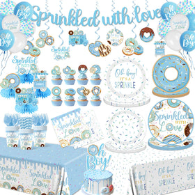 HAKOTI baby sprinkle blue donut tableware set enhances coordinated party tables.