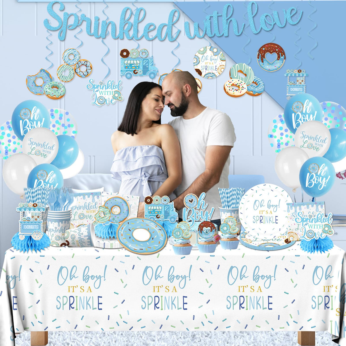 HAKOTI blue donut balloons and banner elevate baby shower decor.