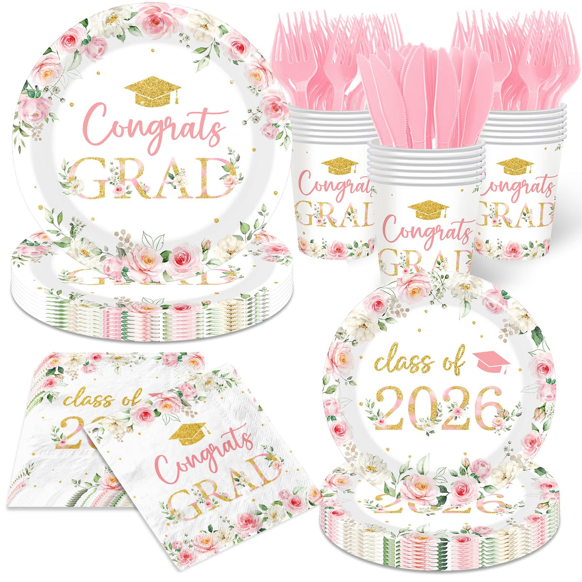 HAKOTI 9in dinner plate with pink-gold graduation motif for stylish celebrations