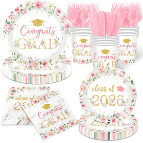 HAKOTI 9in dinner plate with pink-gold graduation motif for stylish celebrations