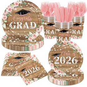 HAKOTI Class of 2026 dinner plates with pink floral edges for elegant party tables