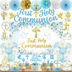 HAKOTI first communion banner in blue and gold as a focal point for the celebration