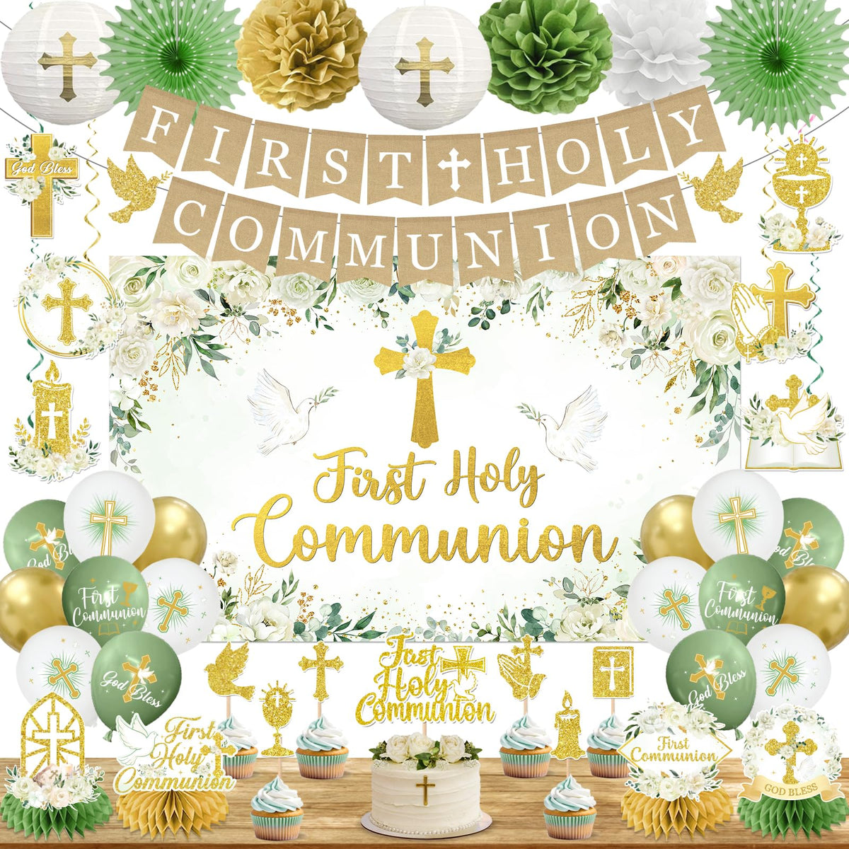 HAKOTI first communion banner in sage green for a timeless ceremony backdrop.