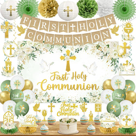 HAKOTI first communion banner in sage green for a timeless ceremony backdrop.