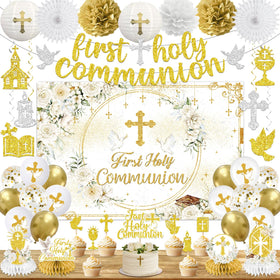 HAKOTI first communion banner provides a classy gold backdrop for the ceremony
