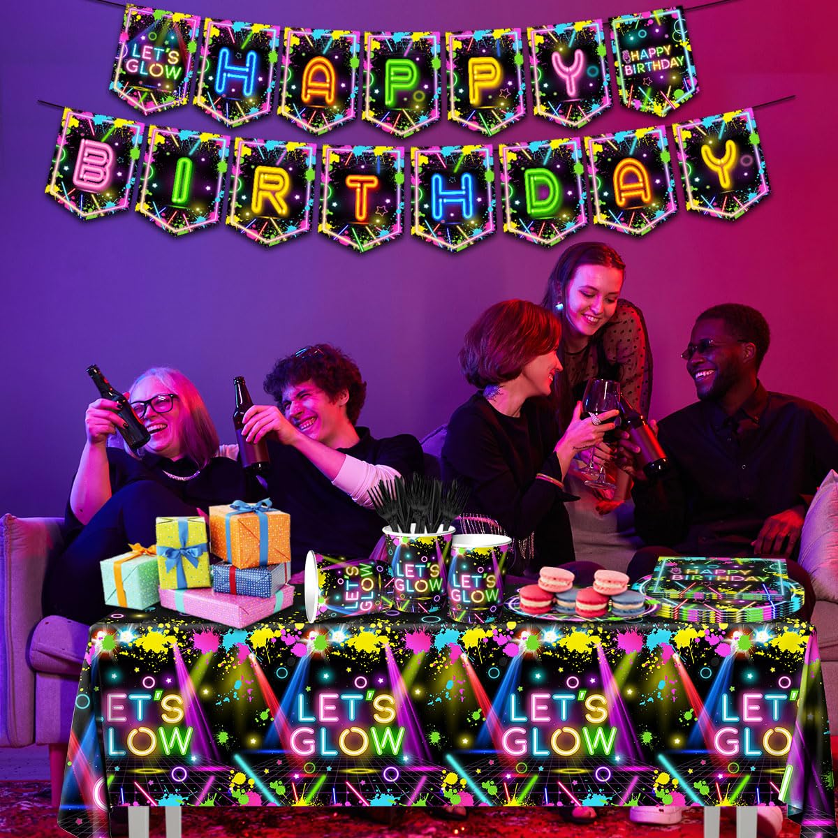 Hakoti neon Happy Birthday banner creates a festive focal point for celebrations.