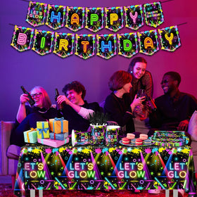 Hakoti neon Happy Birthday banner creates a festive focal point for celebrations.