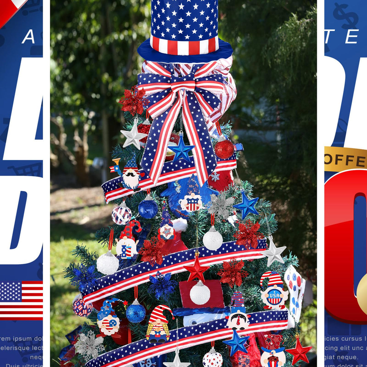 Halfchet patriotic ribbon helps unify the theme on mantels and wreaths.
