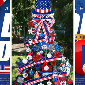 Halfchet patriotic ribbon helps unify the theme on mantels and wreaths.