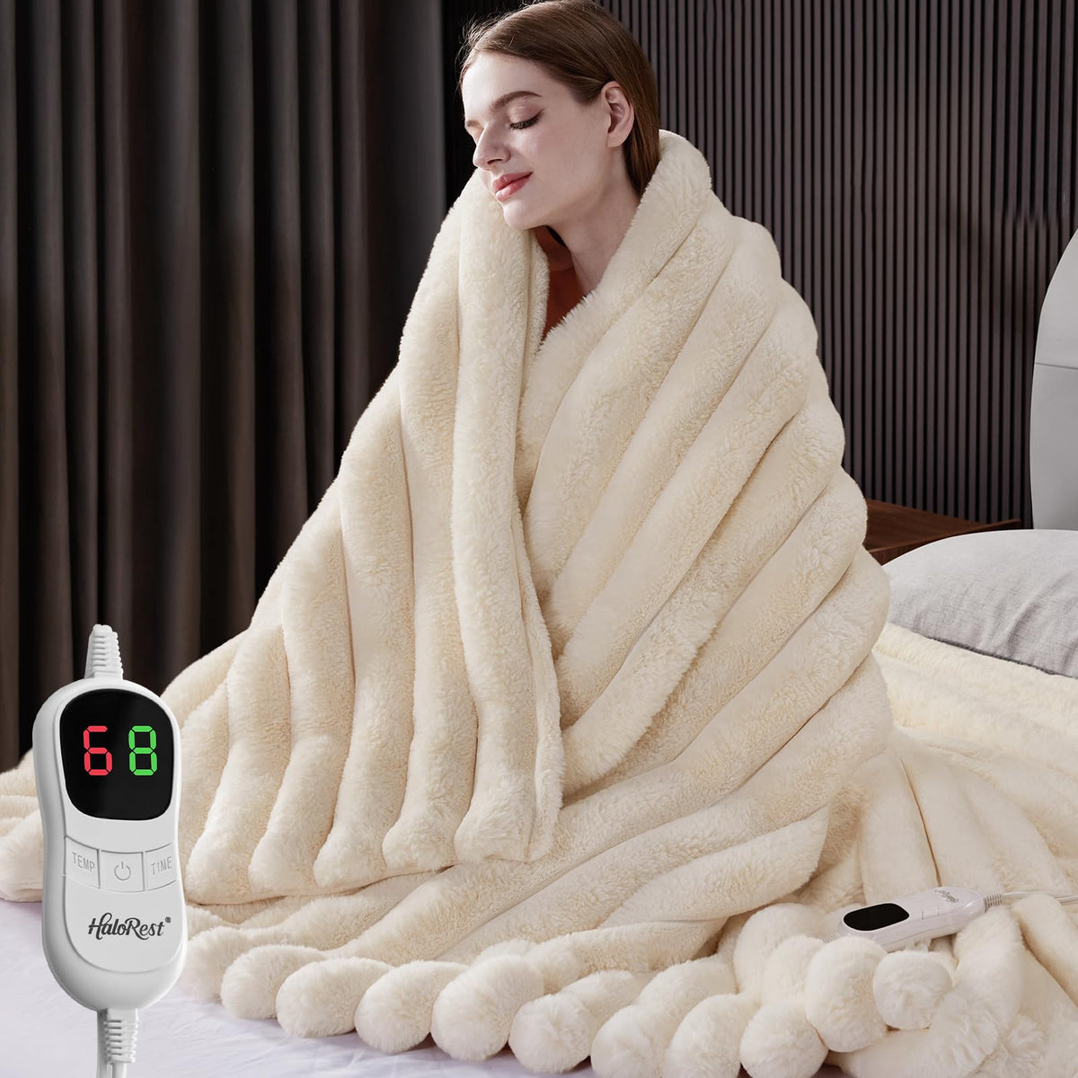 HaloRest heated throw cream texture closeup highlights plush warmth for chilly nights.
