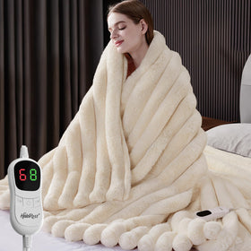 HaloRest heated throw cream texture closeup highlights plush warmth for chilly nights.