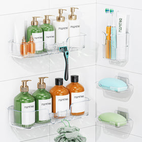 HAMITOR adhesive shower caddy large shelf holds bottles securely in the shower.