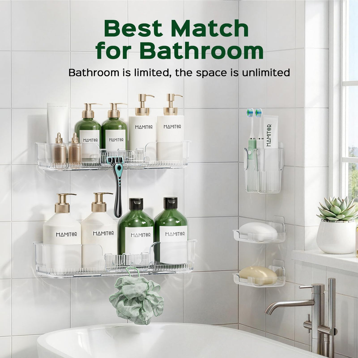 HAMITOR adhesive shower caddy toothbrush holder keeps daily dental care organized.
