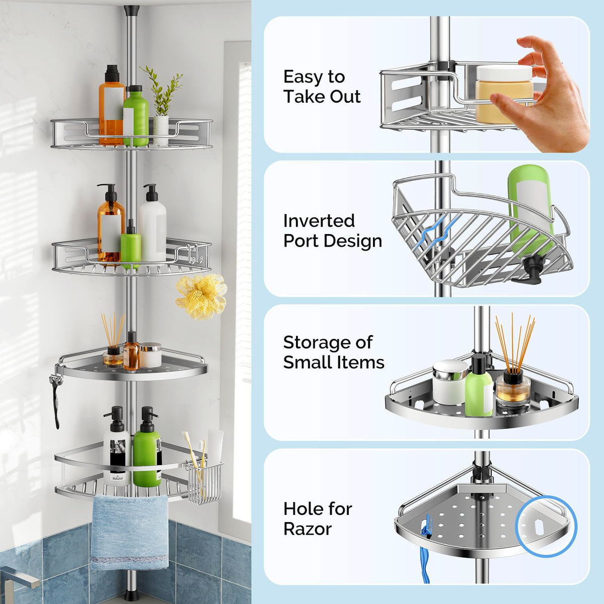 HAMITOR adjustable-height pole fits 47 to 121 inches for flexible placement.