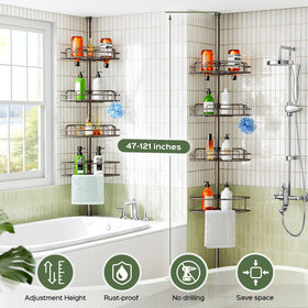 HAMITOR bathroom organizer keeps shampoos and soaps neatly within reach.