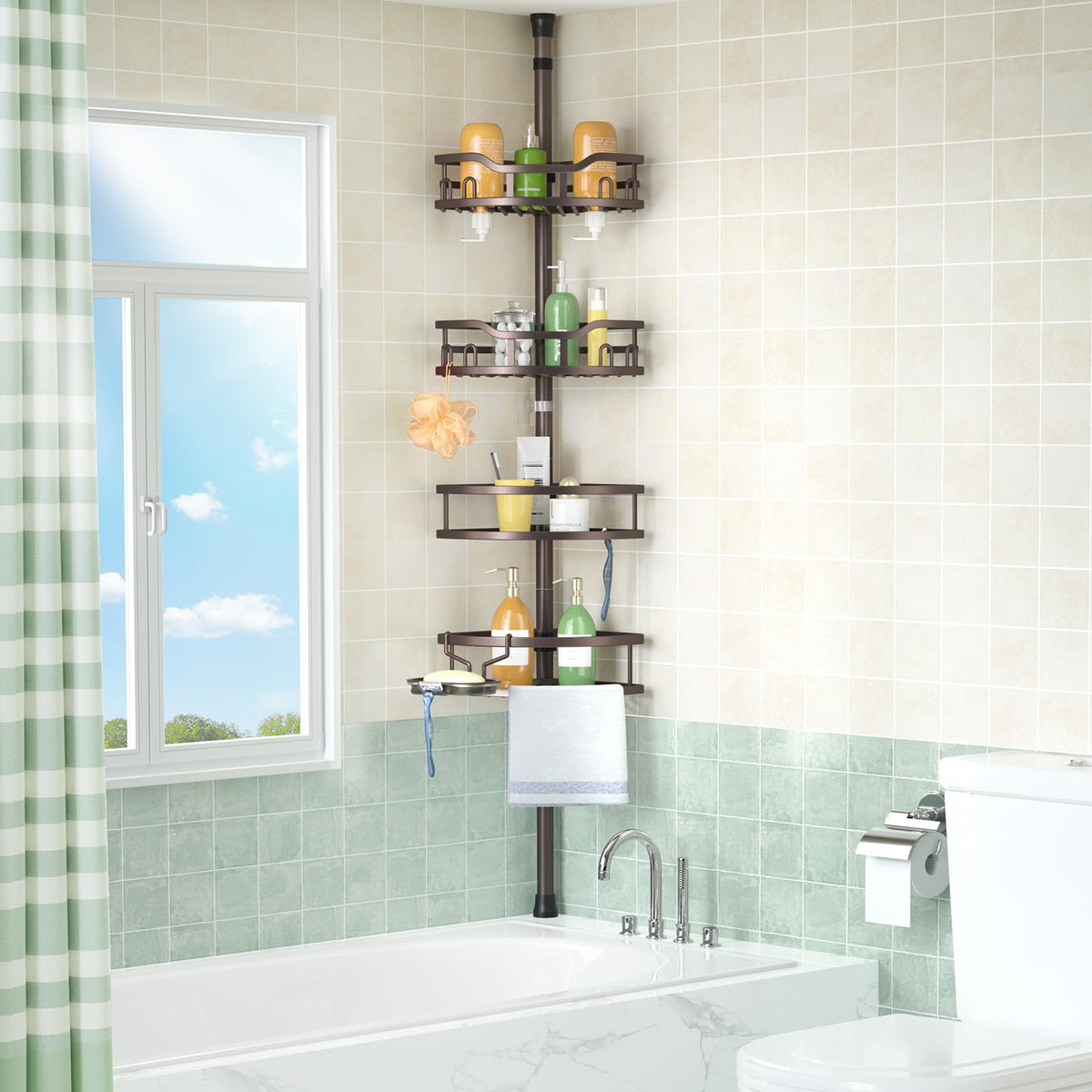Bronze finish HAMITOR bathroom organizer blending with diverse decors.