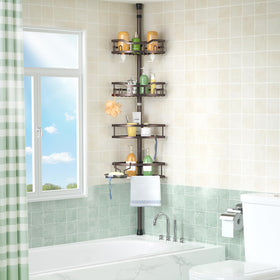 Bronze finish HAMITOR bathroom organizer blending with diverse decors.