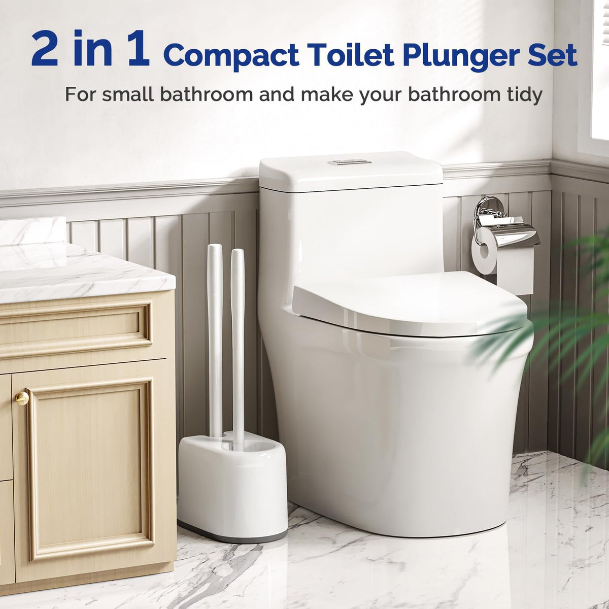 HAMITOR caddy stand keeps the set upright and accessible in small bathrooms