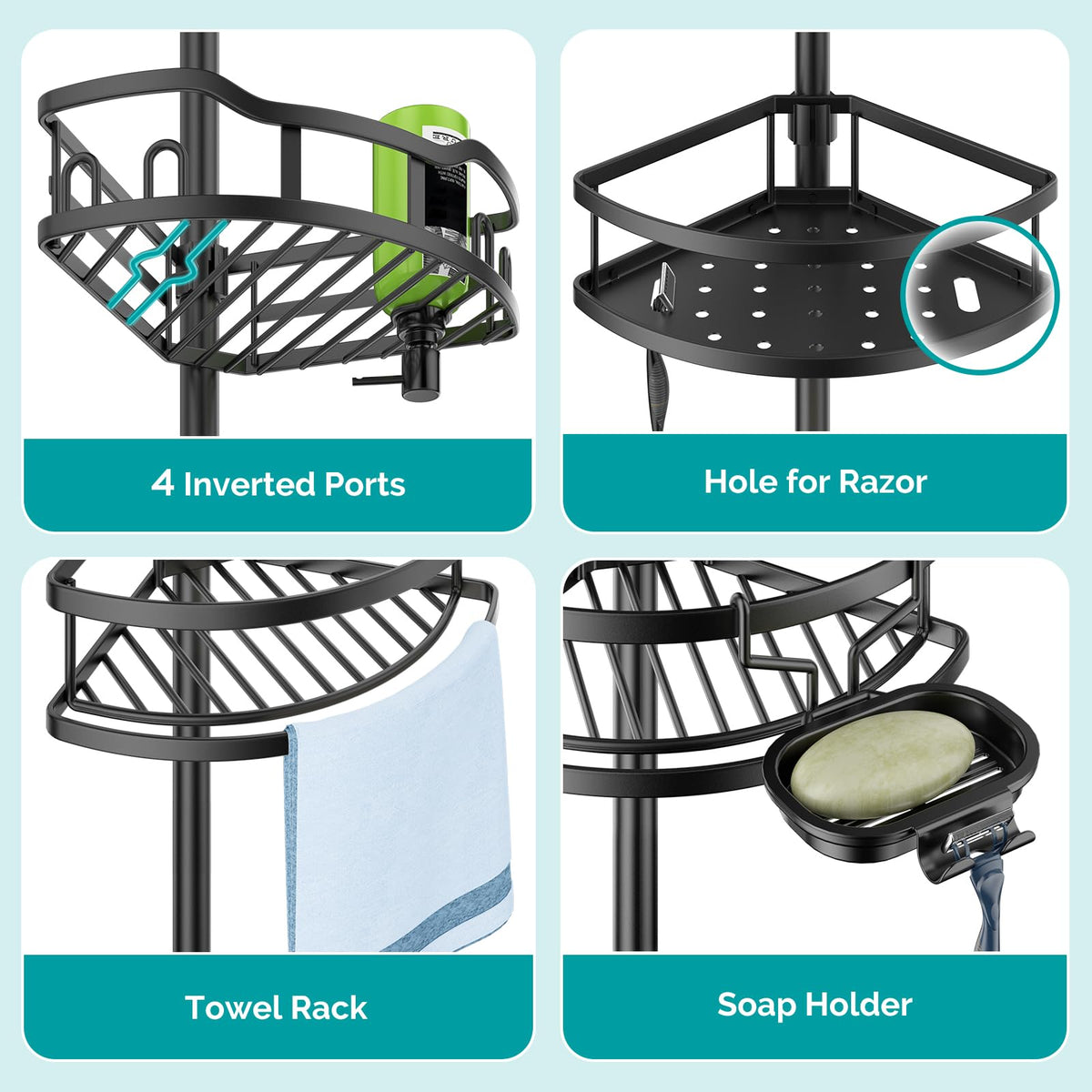 HAMITOR corner caddy fits showers, kitchens, and RVs in compact spaces.