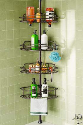 HAMITOR corner shower caddy with four-tier shelves keeps toiletries organized in tight spaces.