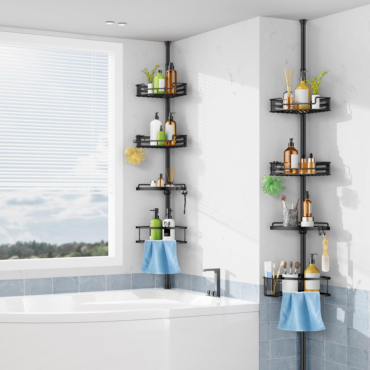 HAMITOR corner shower caddy adjustable height 47-121 inches for versatile fit.