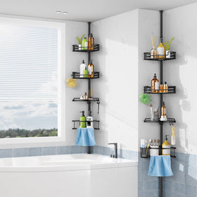 HAMITOR corner shower caddy adjustable height 47-121 inches for versatile fit.
