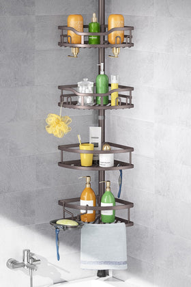 HAMITOR corner shower caddy in bronze with tension pole for organized bathroom storage.