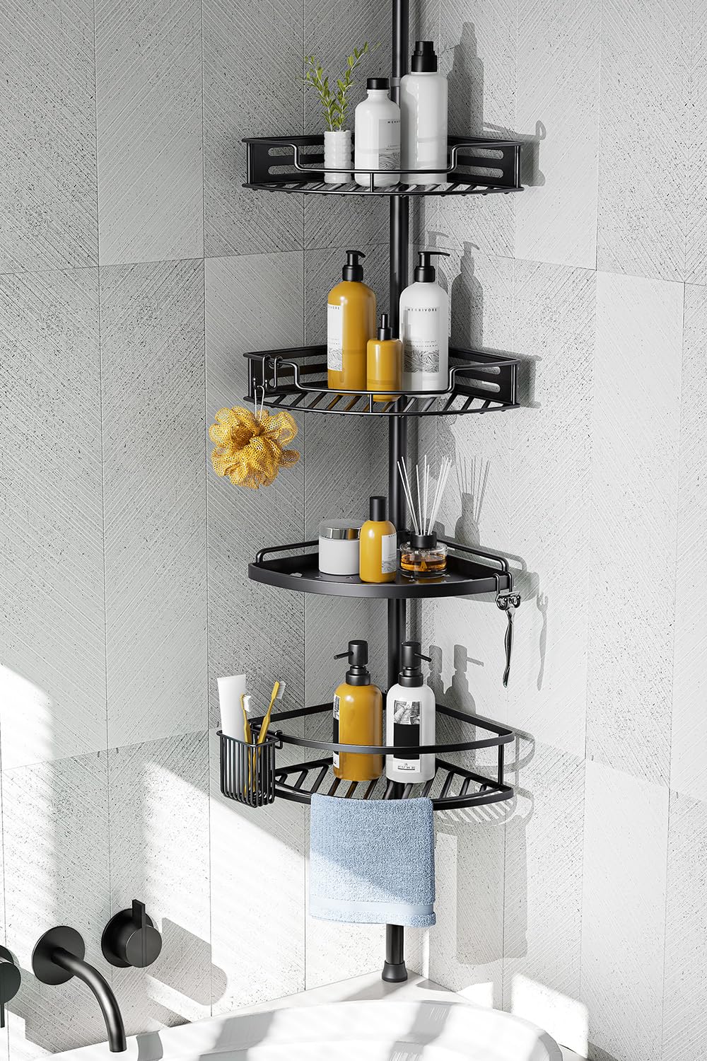 HAMITOR corner shower caddy with clip buckle design enables quick setup.