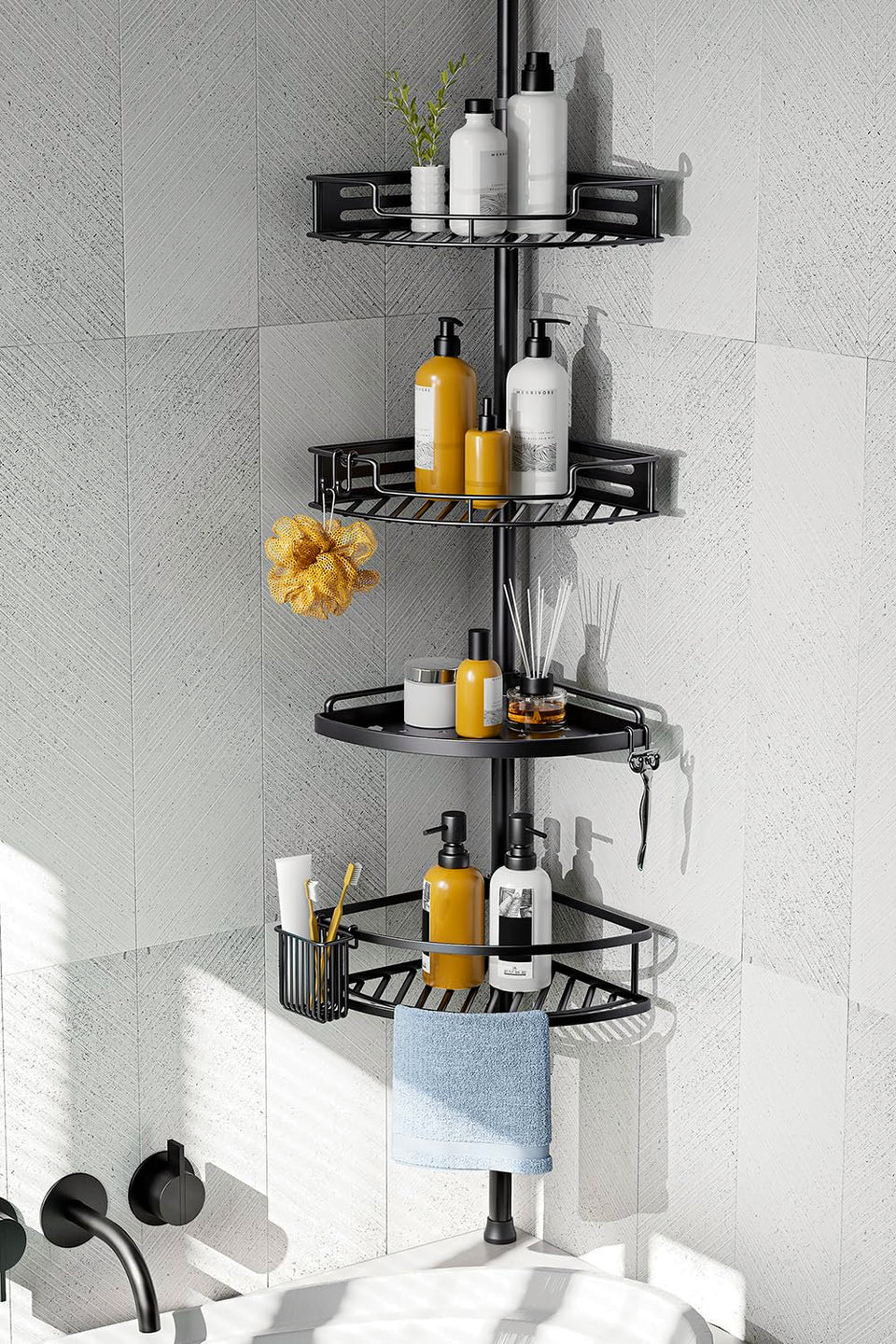 HAMITOR corner shower caddy with clip buckle design enables quick setup.