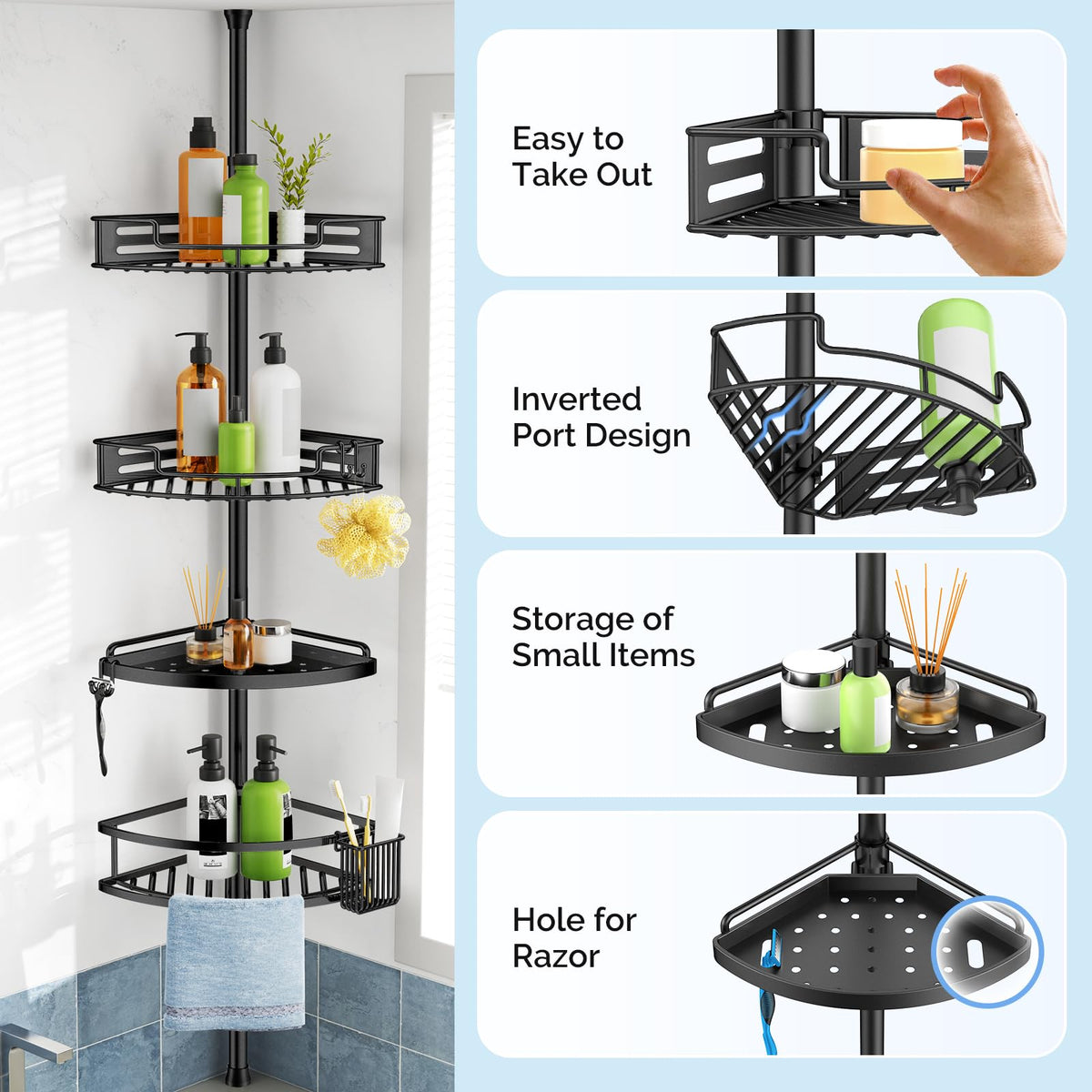 HAMITOR corner shower caddy uses rustproof stainless steel for humid spaces.