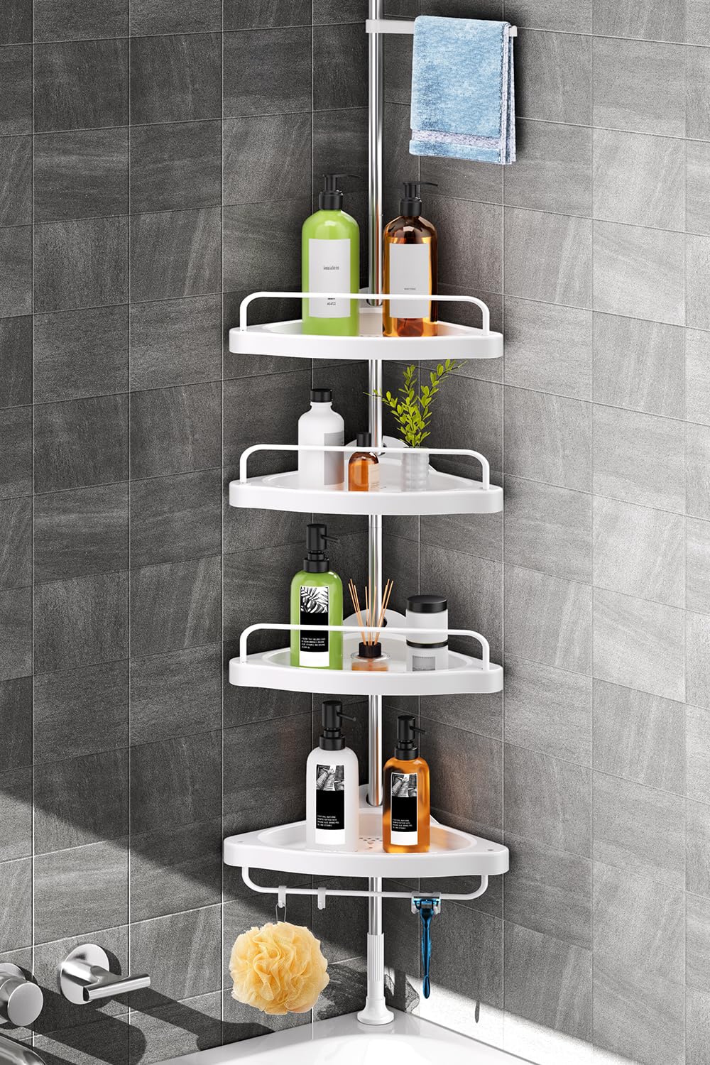 HAMITOR corner shower caddy with tension pole and 4-tier shelves for organized bath products.