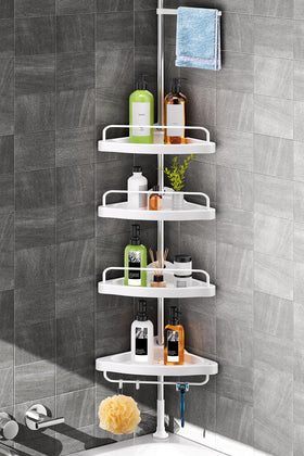HAMITOR corner shower caddy with tension pole and 4-tier shelves for organized bath products.