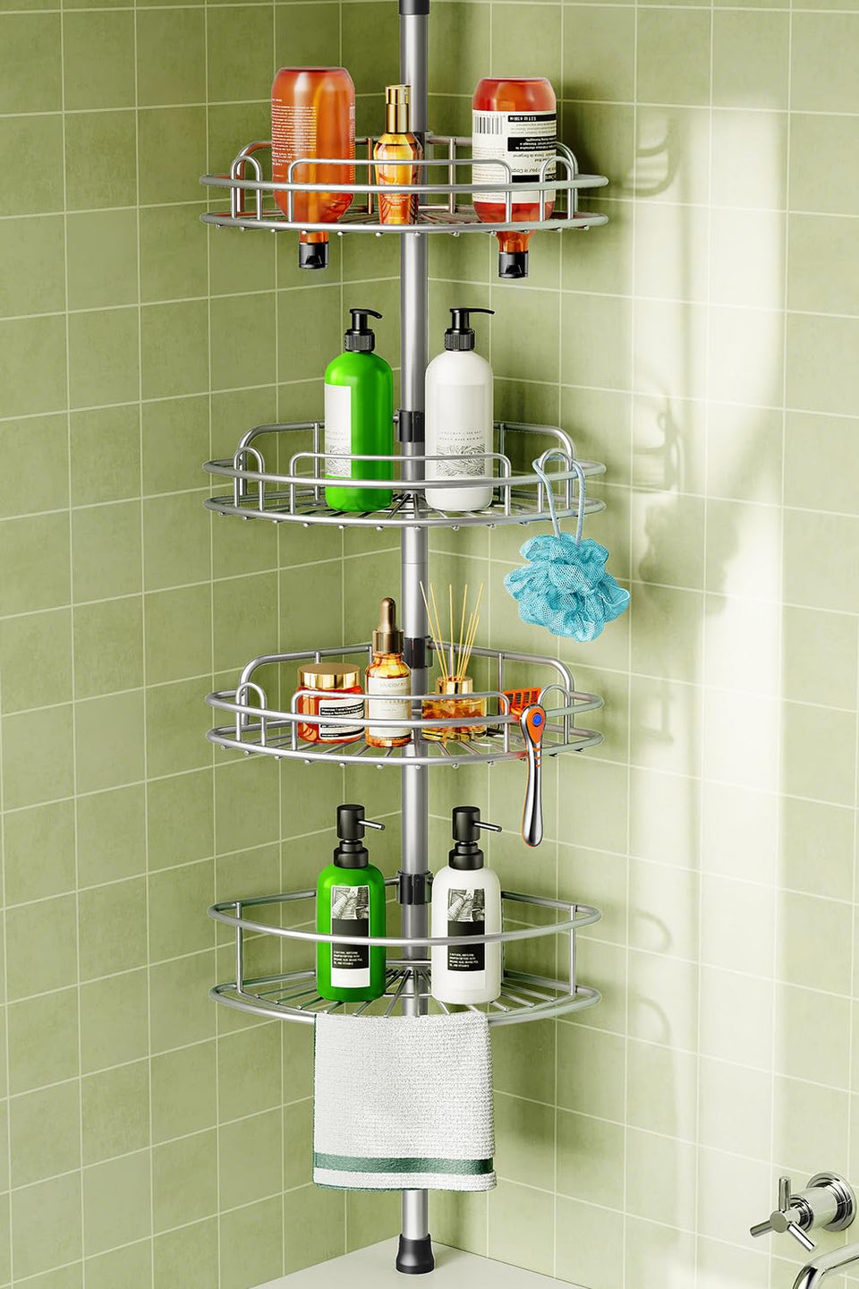 HAMITOR corner shower caddy tension pole assembly offers stable, space-saving bathroom storage.