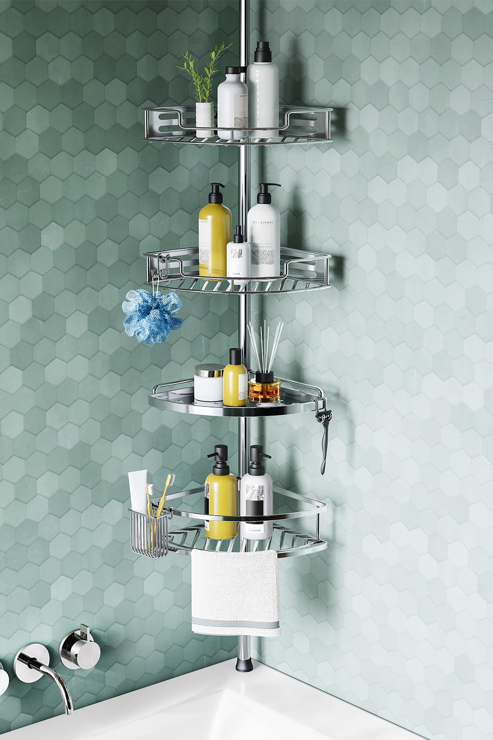 HAMITOR Corner Shower Caddy tension pole installation enables quick, tool-free setup.
