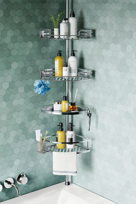 HAMITOR Corner Shower Caddy tension pole installation enables quick, tool-free setup.