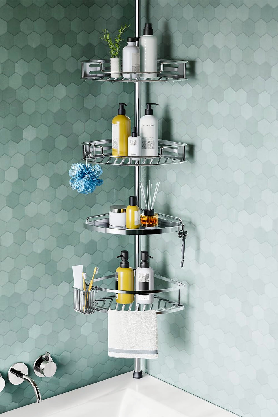 HAMITOR Corner Shower Caddy tension pole installation enables quick, tool-free setup.