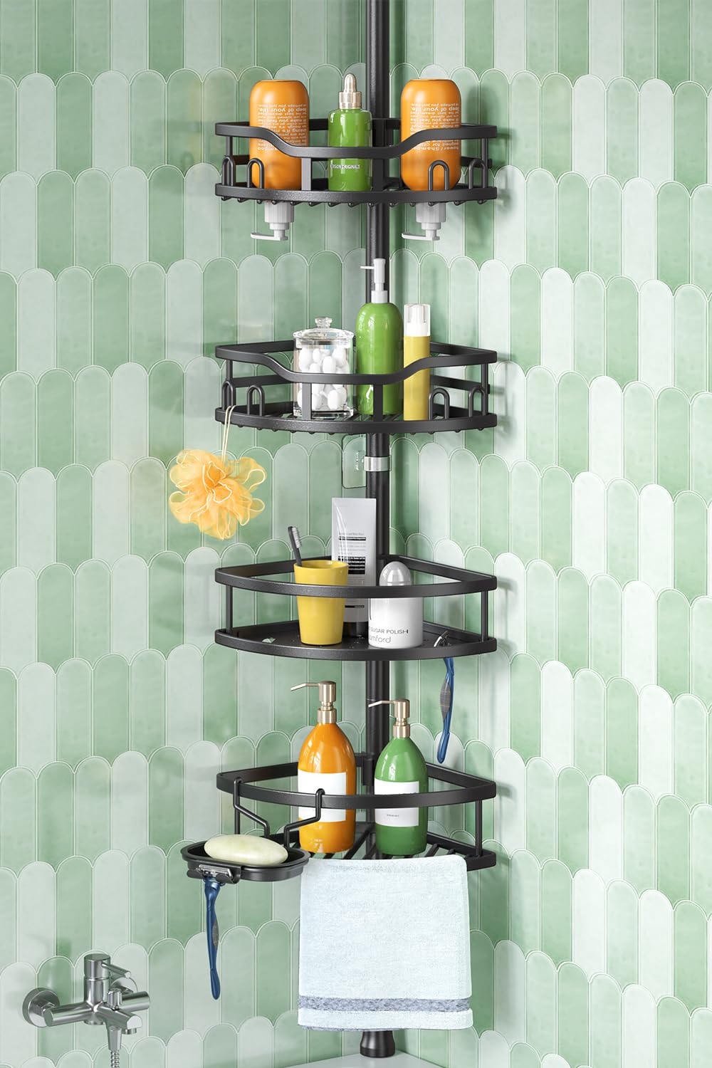HAMITOR corner shower caddy mounted in corner shower for organized bottles.