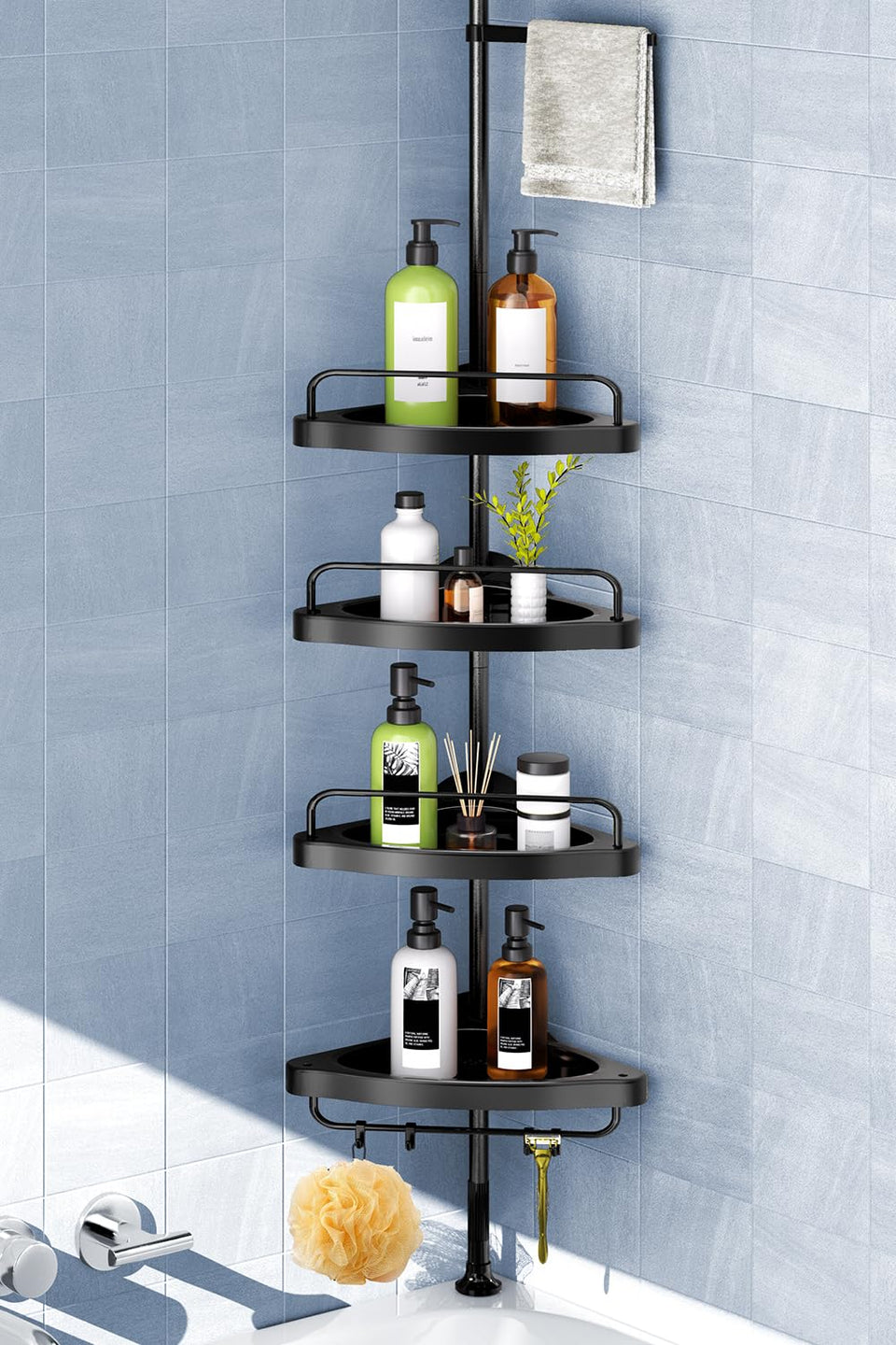 HAMITOR corner shower caddy with tension pole, easy install without drilling