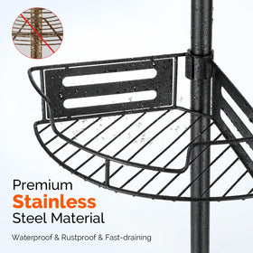 HAMITOR corner shower caddy includes towel bar and hooks for accessories.